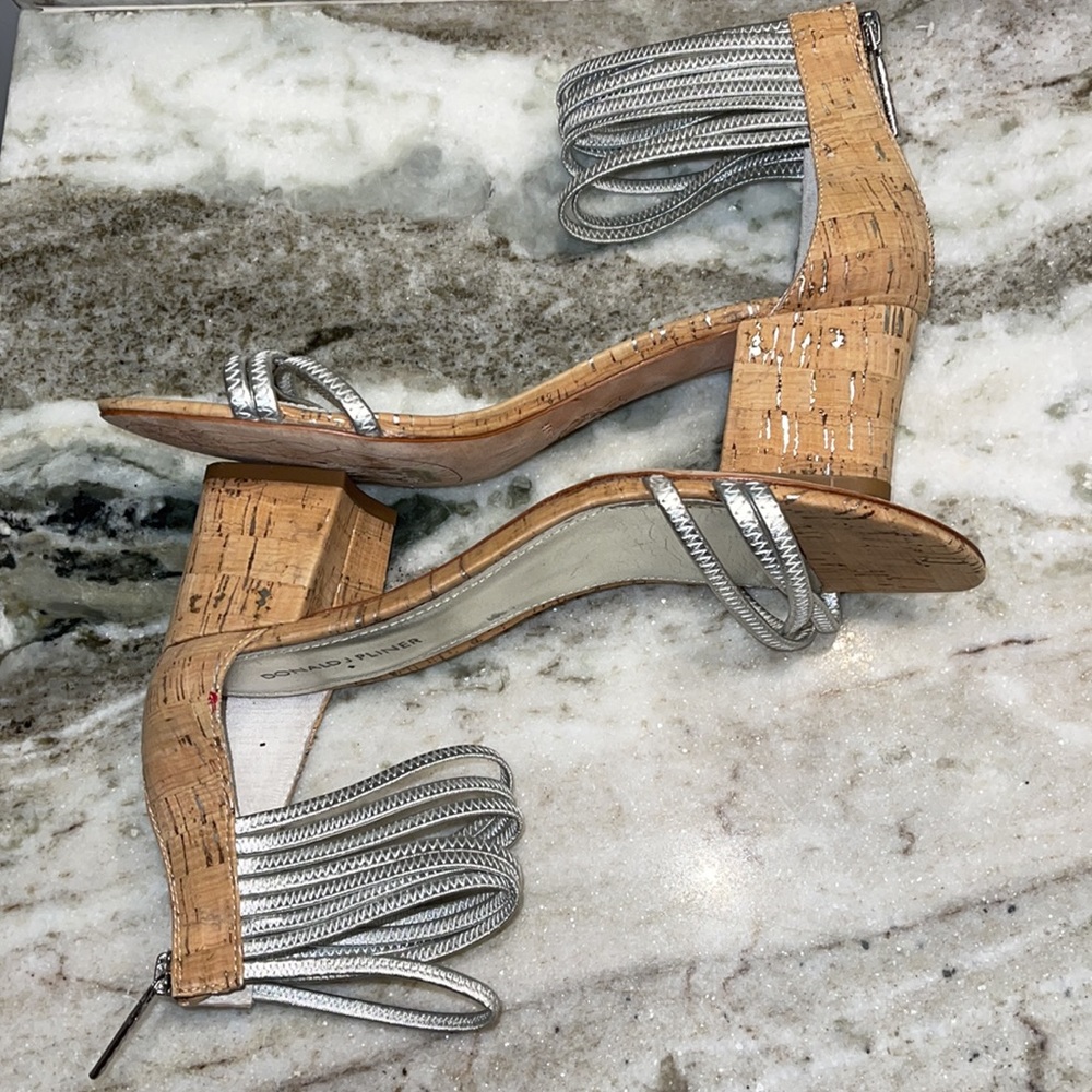 Donald J. Pliner Silver Strappy Cork Block Heel Sandals - Picture 5 of 11